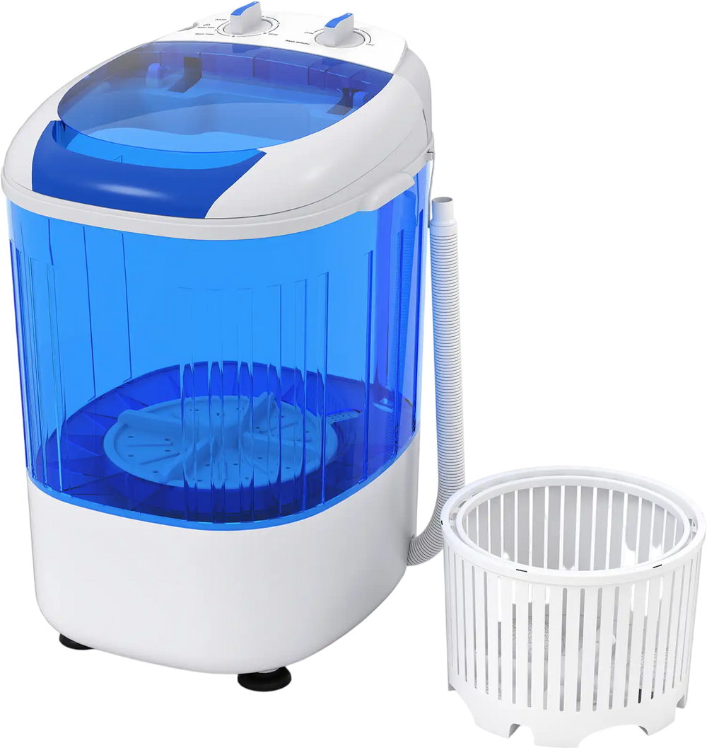 Portable mini semi-automatic washing machine in blue, featuring a 2.5 kg capacity and separate spin basket for easy.