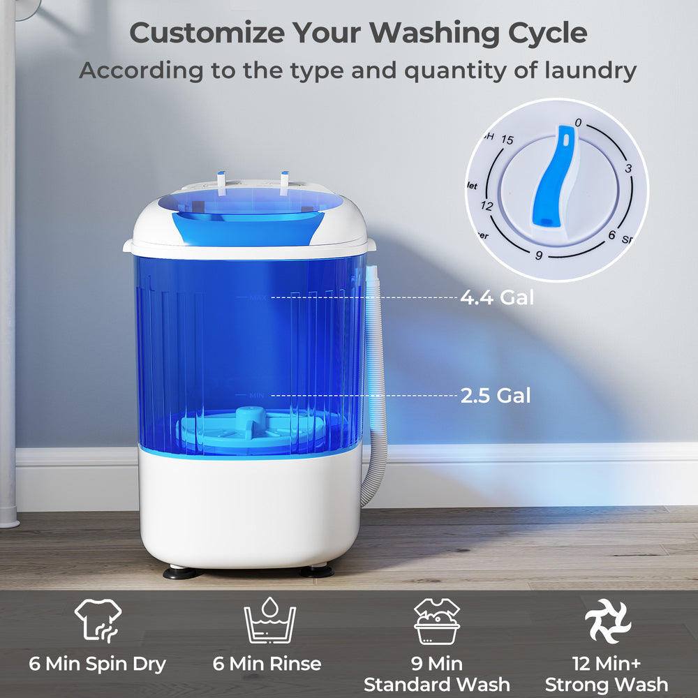 Portable mini semi-automatic washing machine in blue with 2.5 kg capacity, featuring separate controls and transparent.