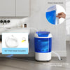 Portable mini semi-automatic washing machine in blue with drain hose, ideal for home or RV laundry needs.