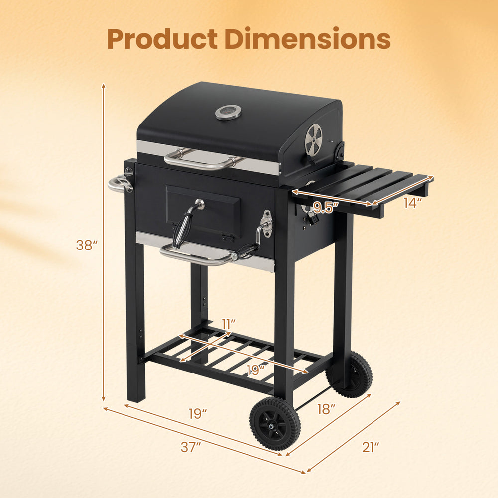 Dimensions of the Portable Outdoor Barbecue Grill with adjustable charcoal tray, wheels, and side shelf for easy use.
