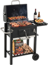 Portable outdoor barbecue grill in black with adjustable charcoal tray, warming rack, and side shelf for convenient.