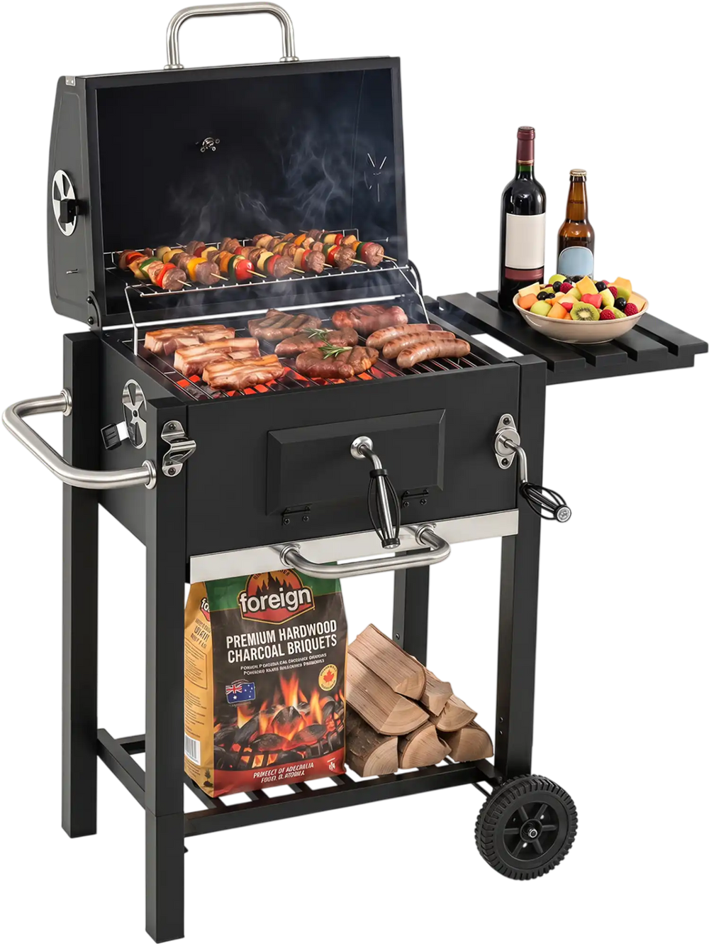 Portable outdoor barbecue grill in black with adjustable charcoal tray, warming rack, and side shelf for convenient.