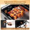 Adjustable charcoal tray for precise heat control on the portable outdoor barbecue grill with wheels.