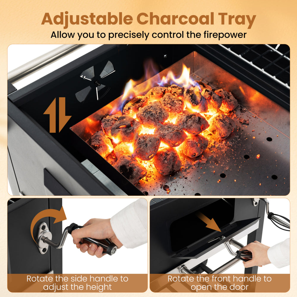 Adjustable charcoal tray for precise heat control on the portable outdoor barbecue grill with wheels.