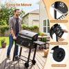 Portable outdoor barbecue grill with wheels and handle, featuring adjustable charcoal tray and foldable side shelf.