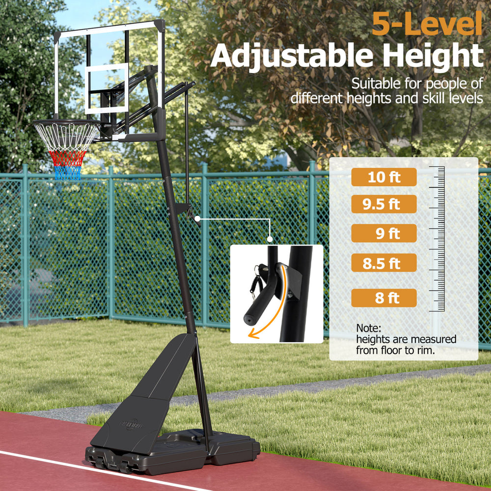 Portable outdoor basketball hoop with 5-level adjustable height from 8 to 10 feet, designed for stability and easy movement.