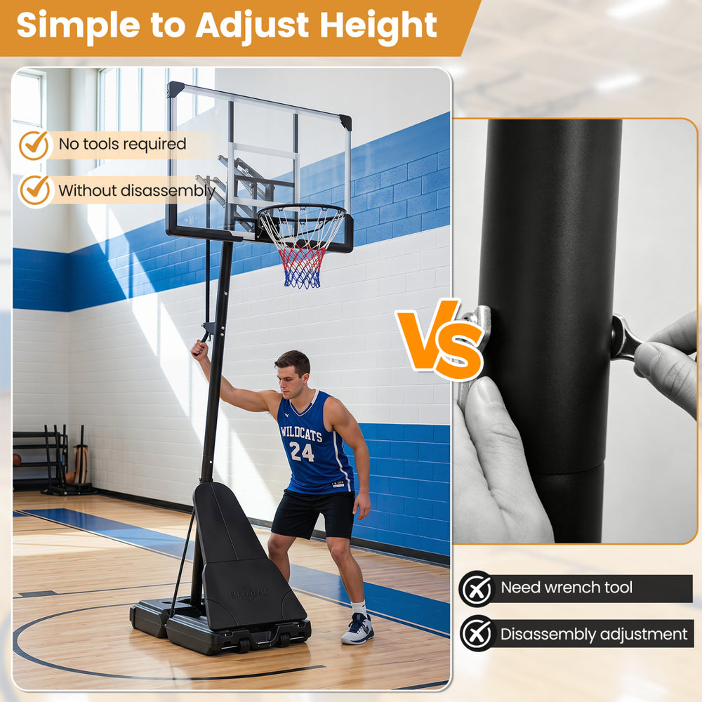 Height adjustable portable outdoor basketball hoop with shatterproof backboard and large stable base for easy play.
