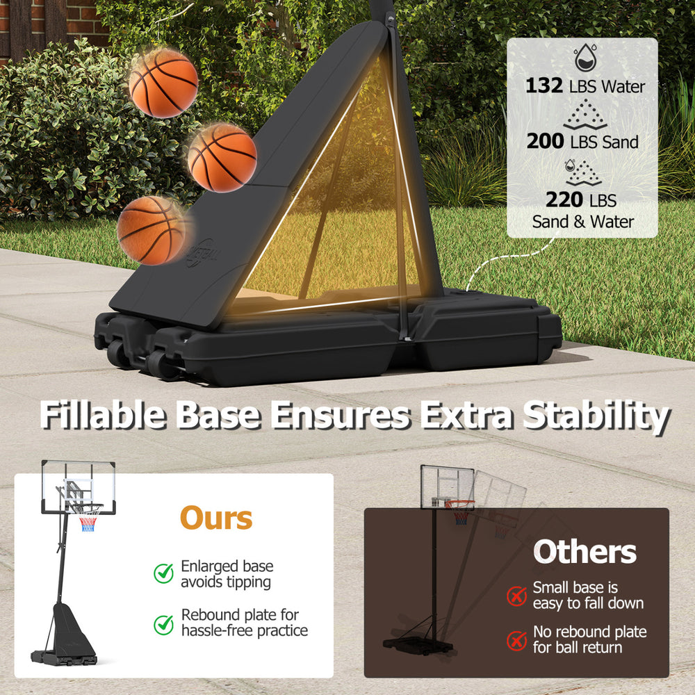 Portable outdoor basketball hoop with a fillable base for stability, adjustable height, and integrated rebound plate for practice.