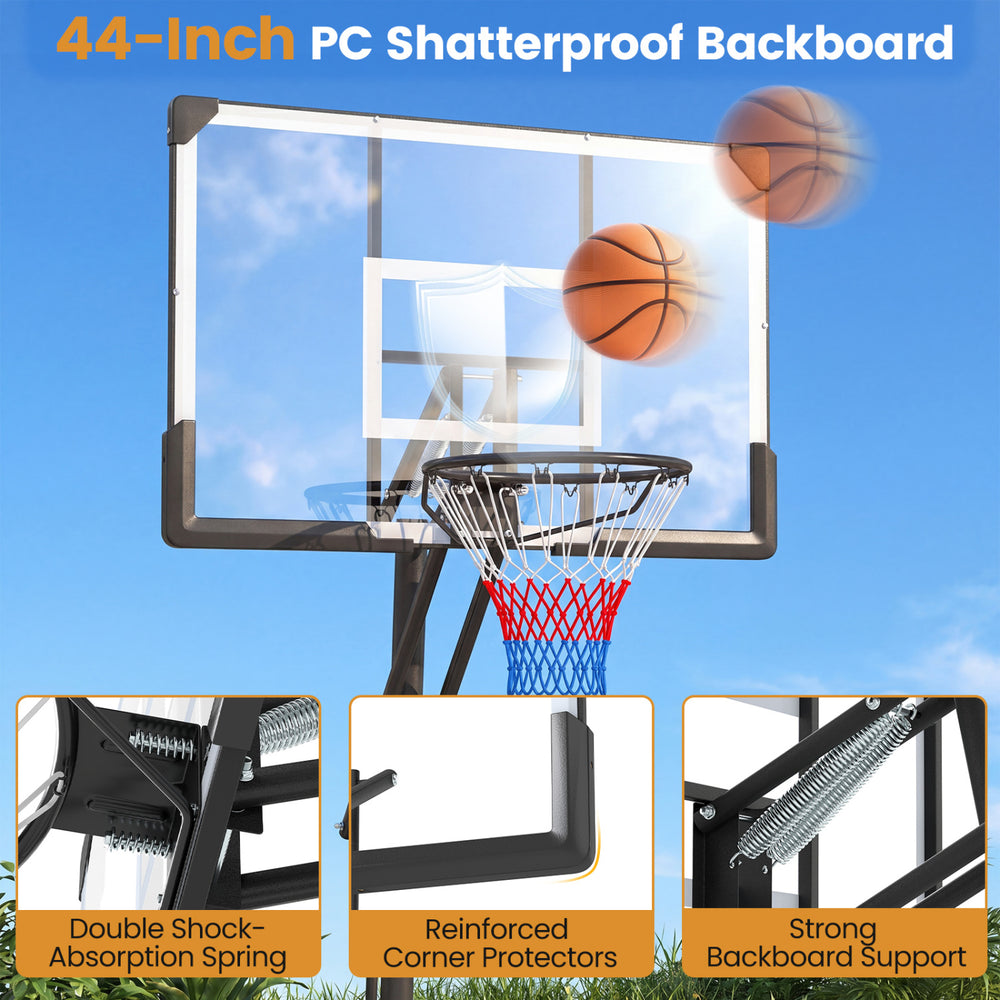 44-inch shatterproof PC backboard basketball hoop with reinforced corners and adjustable height for versatile outdoor play.