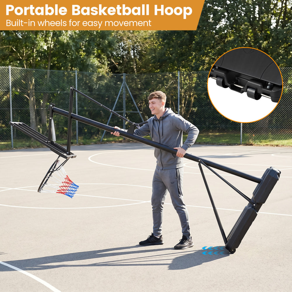 Portable basketball hoop with adjustable height, built-in wheels for easy movement, and durable shatterproof backboard.