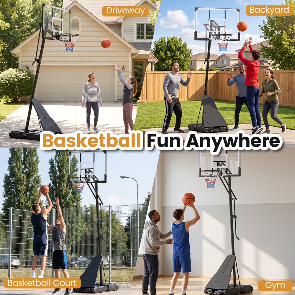 Portable outdoor basketball hoop with adjustable height, shatterproof backboard, and built-in wheels for easy movement.
