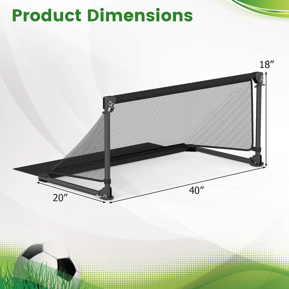 Portable toddler soccer net dimensions showing 40" width and 18" height, featuring a heavy-duty metal frame for.