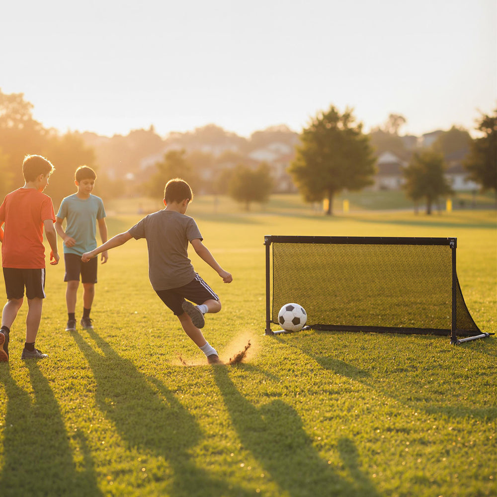 Portable pop-up toddler soccer net with metal frame, ideal for outdoor training and group games on grass.