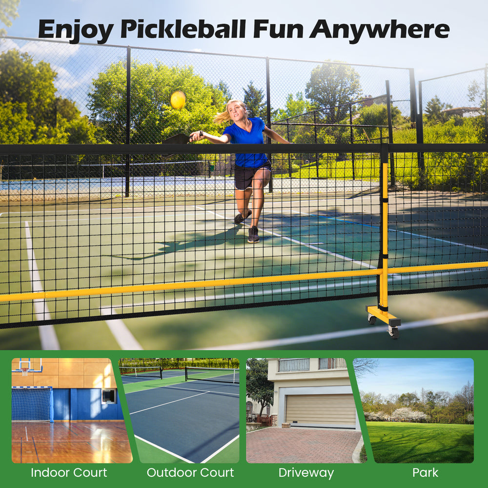22 ft portable pickleball net with robust frame and lockable wheels, perfect for indoor and outdoor play.