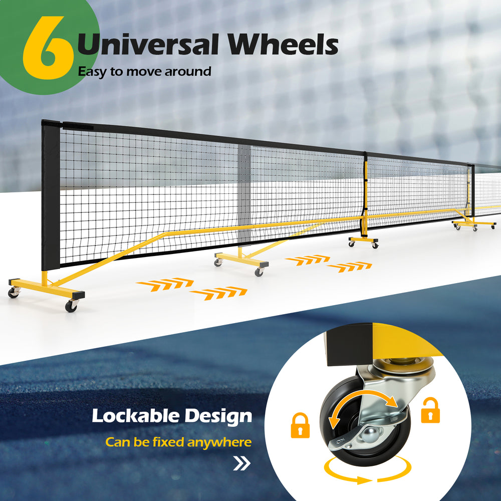 Portable 22 ft pickleball net with 6 lockable wheels for stability, easy movement, and included carry bag for transport.