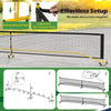 Portable 22 ft pickleball net with adjustable tension strap and lockable wheels, perfect for indoor and outdoor play.