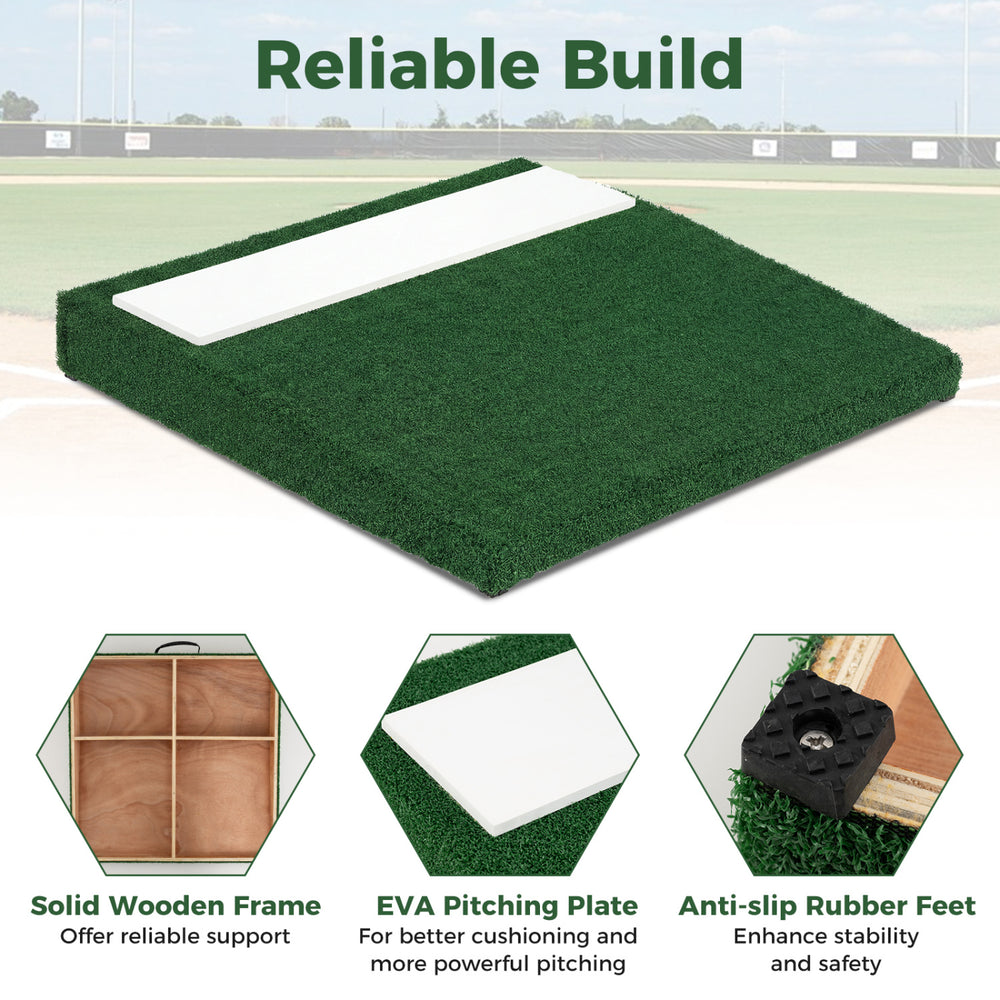 Portable pitching mound with EVA plate and wooden frame, featuring anti-slip rubber feet for safe practice anywhere.