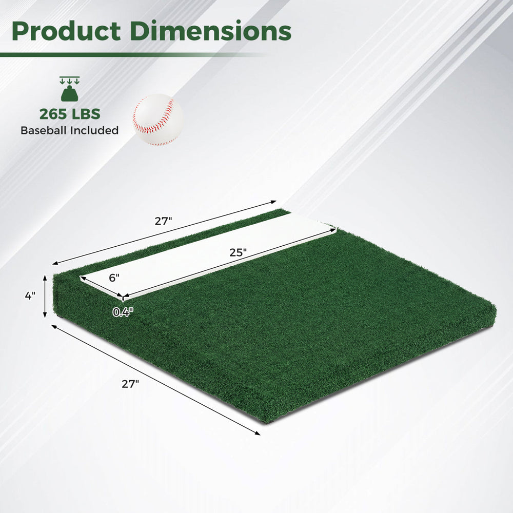 Portable pitching mound with synthetic turf, 27"x25", includes baseball and EVA carry handle for easy transport.