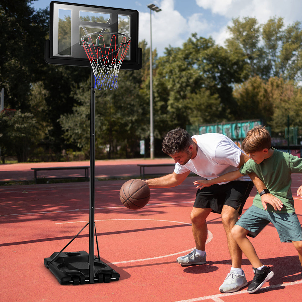 Height adjustable portable basketball hoop with shatterproof backboard, ideal for outdoor play and easy to move with.