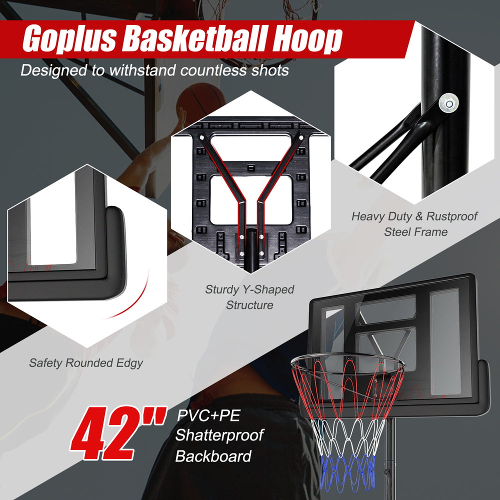 Height adjustable basketball hoop with a 42" shatterproof backboard, portable design, and heavy-duty steel frame for.