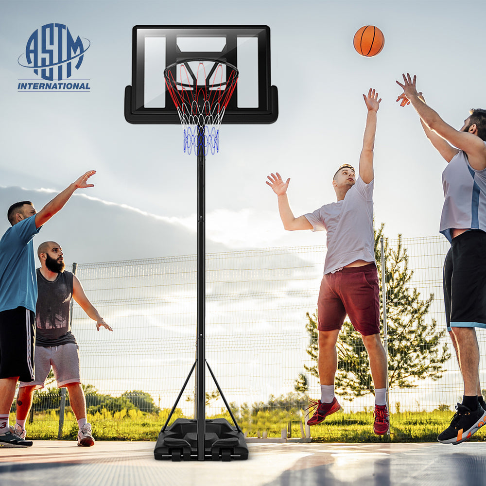 Height adjustable portable basketball hoop with shatterproof backboard, ideal for indoor and outdoor play.