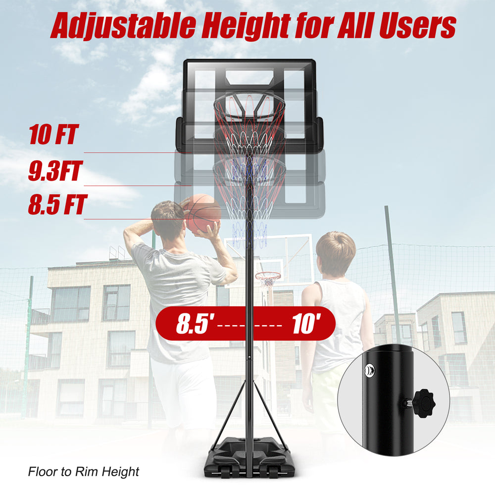 Height adjustable basketball hoop with shatterproof backboard, portable wheels, and durable weather-resistant design.