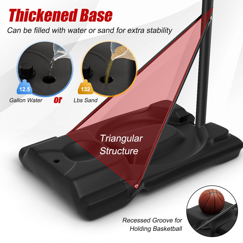 Thickened base with water or sand fill option for stability, designed for the height adjustable portable basketball.