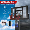 Height adjustable portable basketball hoop with shatterproof backboard, designed for all weather use indoors and.