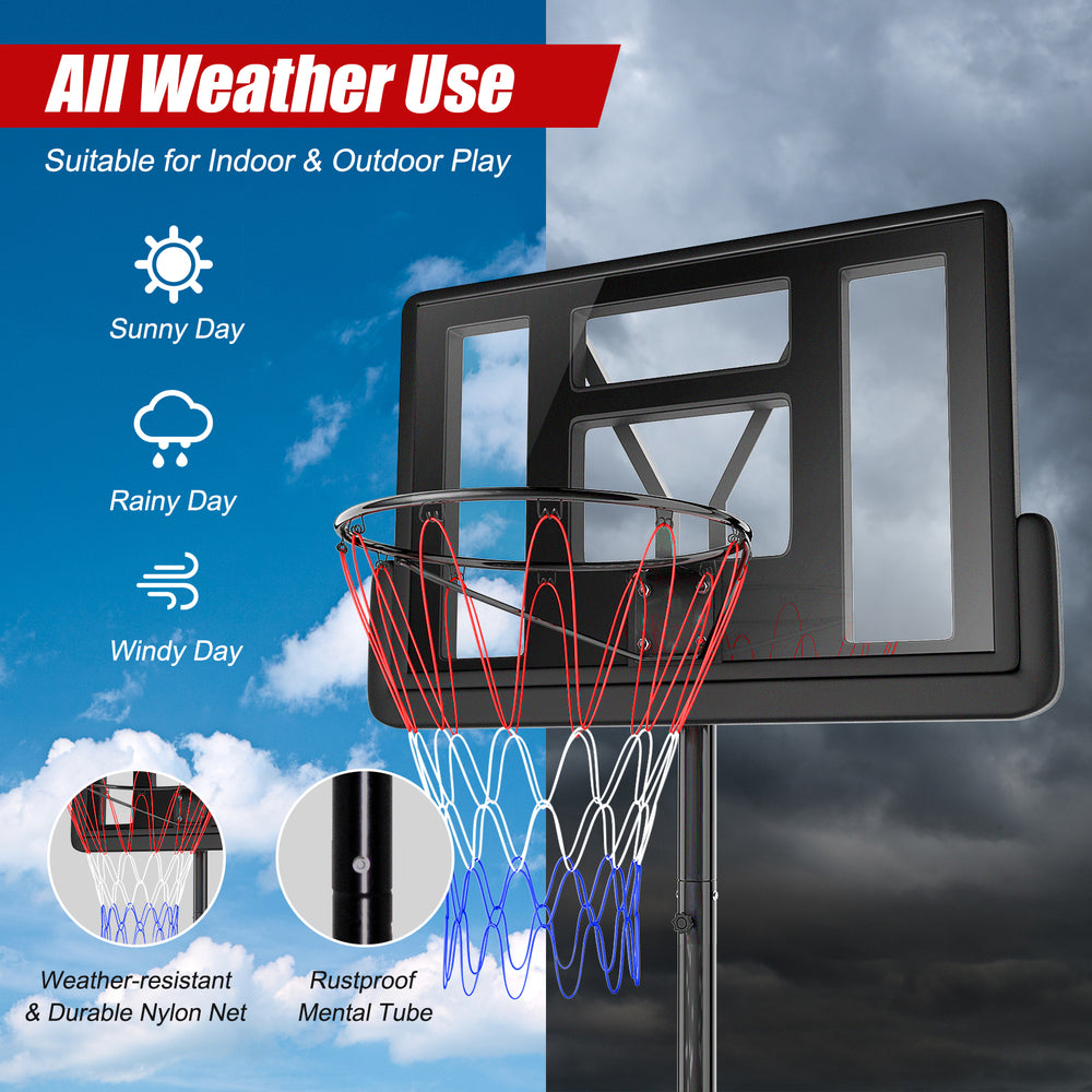 Height adjustable portable basketball hoop with shatterproof backboard, designed for all weather use indoors and.