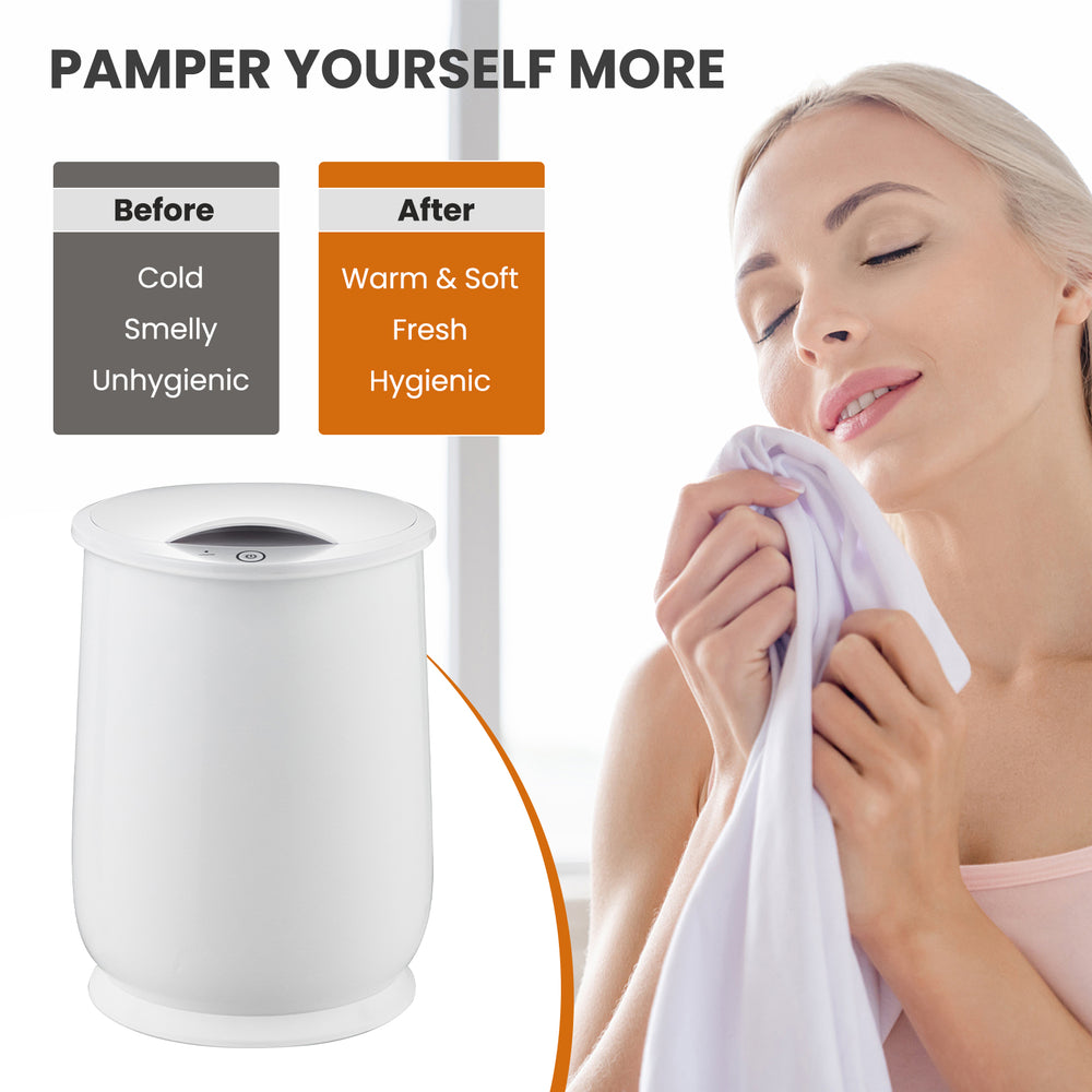 20L bathroom towel warmer in white, rapidly heats towels for a spa-like experience, perfect for home or hotel use.