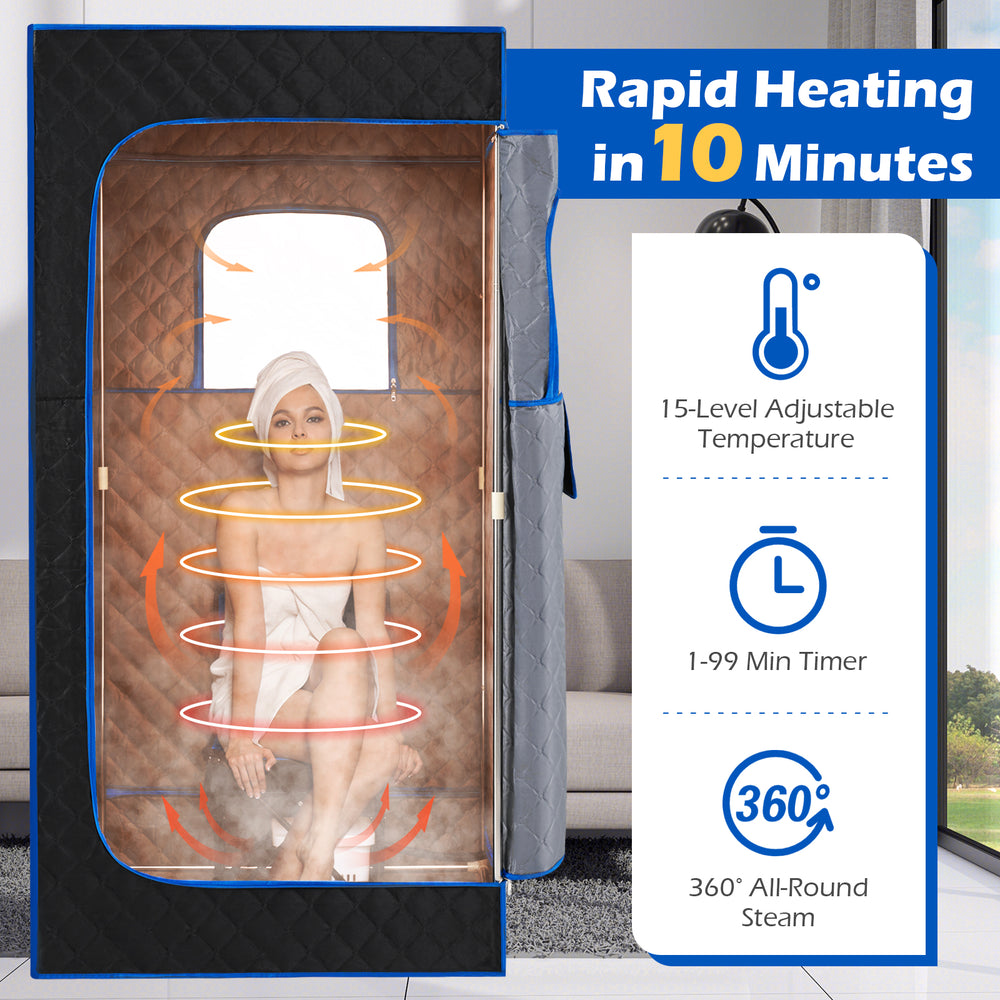 Portable steam sauna box in blue with adjustable temperature, 3L steamer, and spacious design for full-body relaxation.