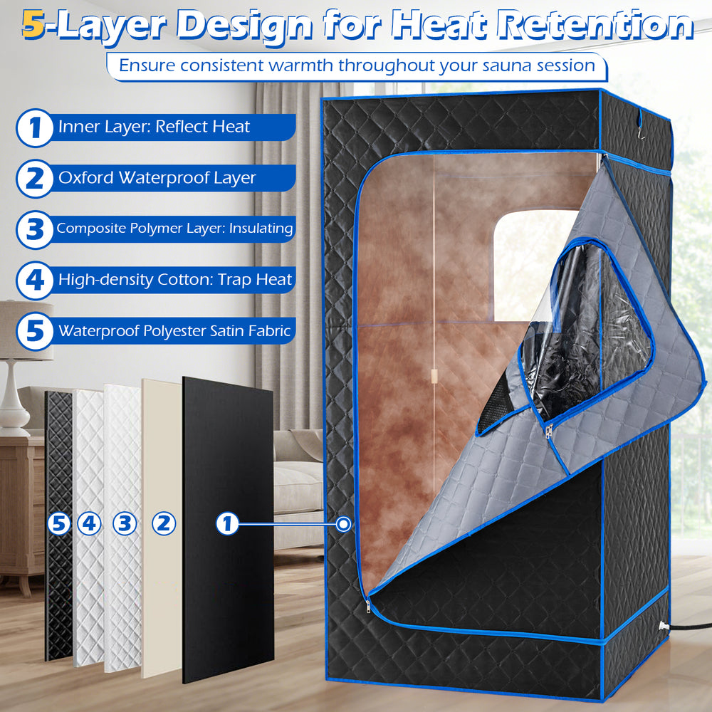 Portable steam sauna box with 5-layer insulation, stainless steel interior, and adjustable temperature for home.