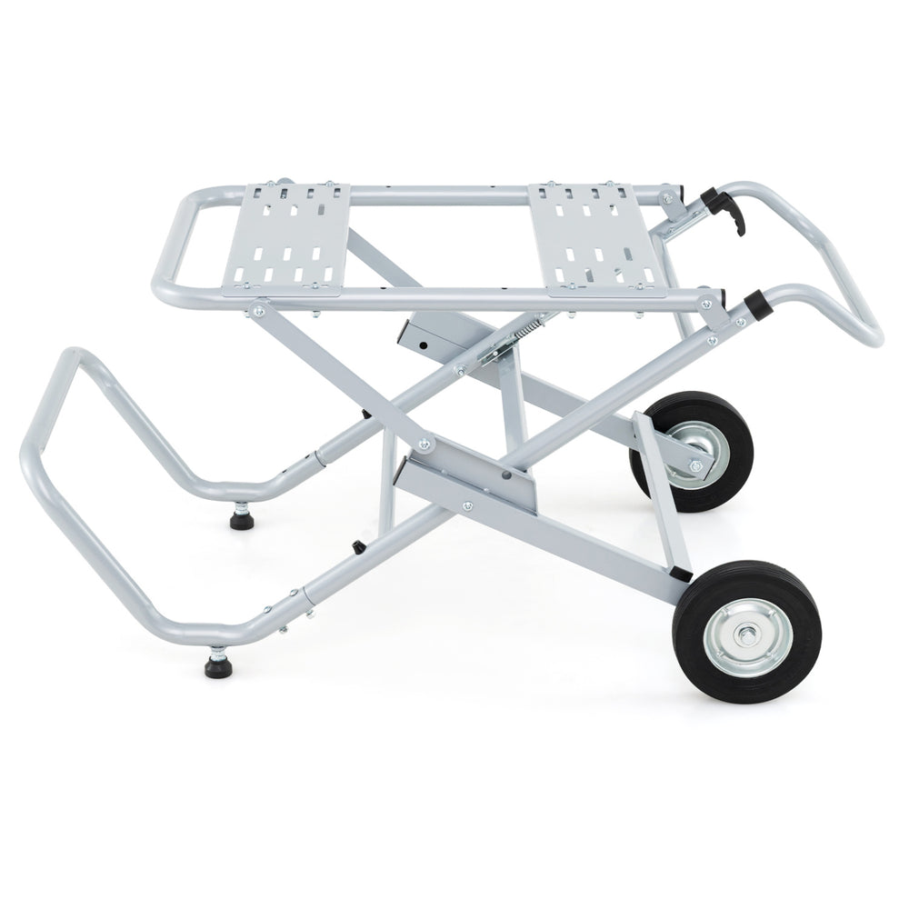 Portable table saw stand with a heavy-duty metal base, featuring 8-inch rubber wheels for easy mobility and stability.