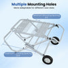 Portable table saw stand with heavy-duty metal base, featuring multiple mounting holes and 8-inch rubber wheels for mobility.