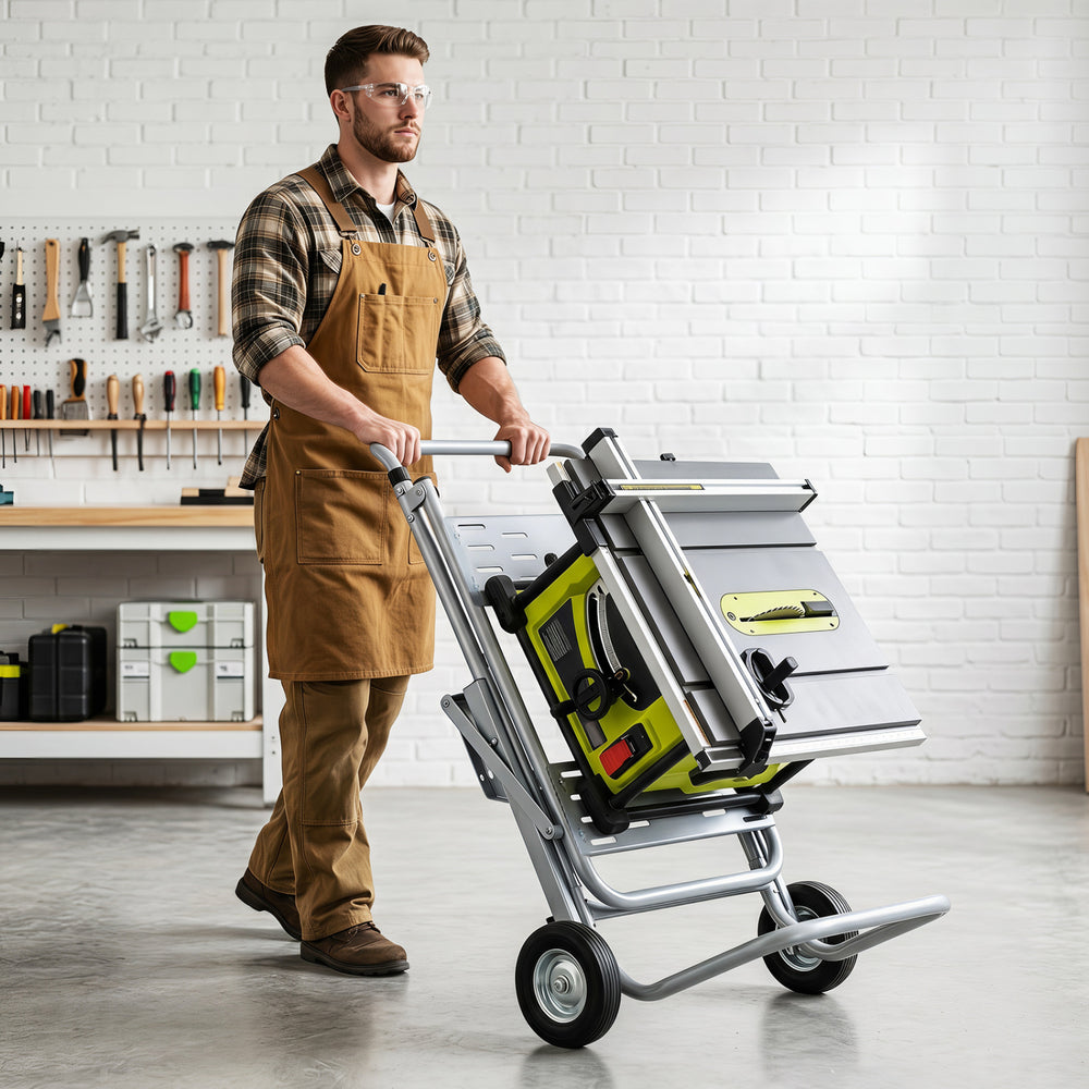 Portable table saw stand with heavy-duty metal base and 8-inch rubber wheels, ideal for workshops and outdoor use.