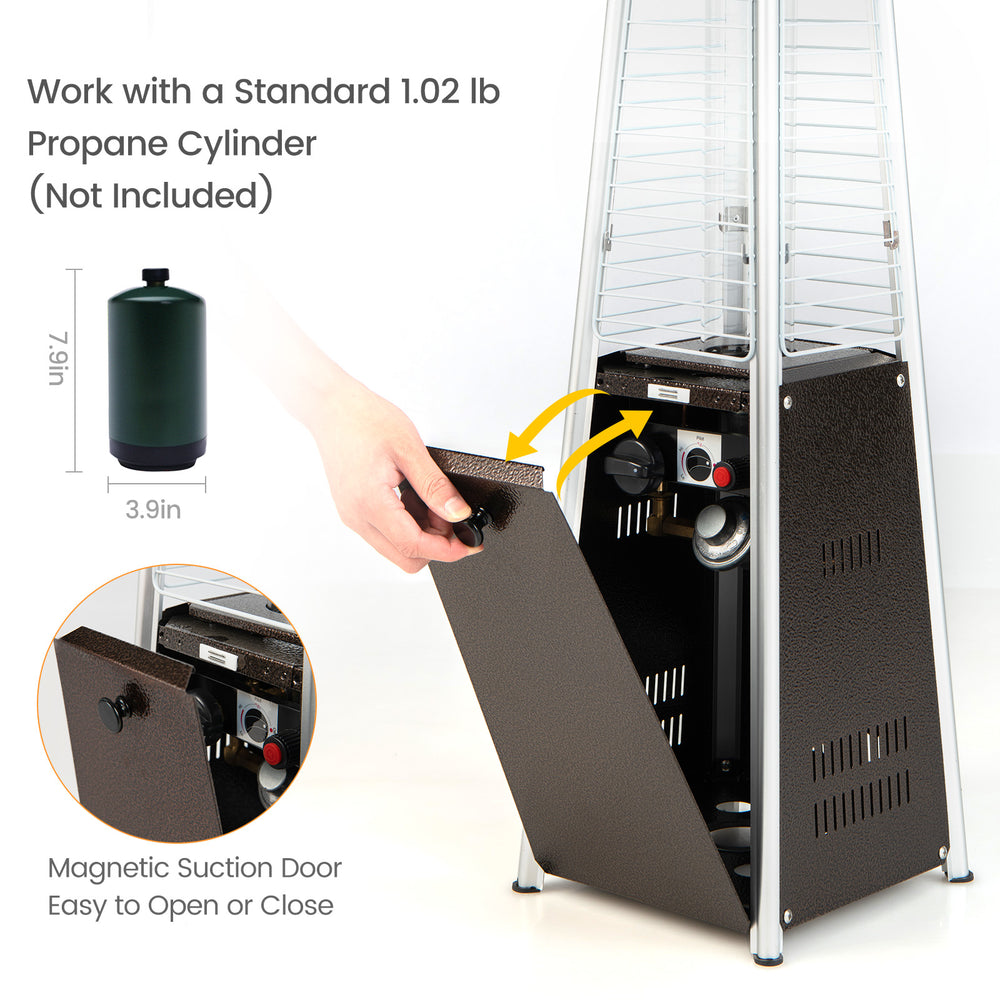 Compact 10000 BTU portable steel tabletop patio heater with glass tube, featuring a magnetic suction door for easy.