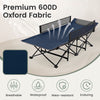 Portable travel toddler cot bed in navy with breathable 600D Oxford fabric, guardrails, and a sturdy metal frame for safety.