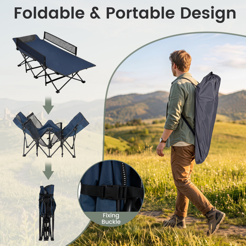 Portable travel toddler cot bed in navy with guardrail, featuring a foldable design for easy storage and transport.