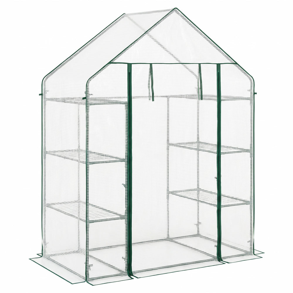 Portable walk-in greenhouse with 3 tiers and 6 shelves, featuring a white mesh design for optimal plant growth.