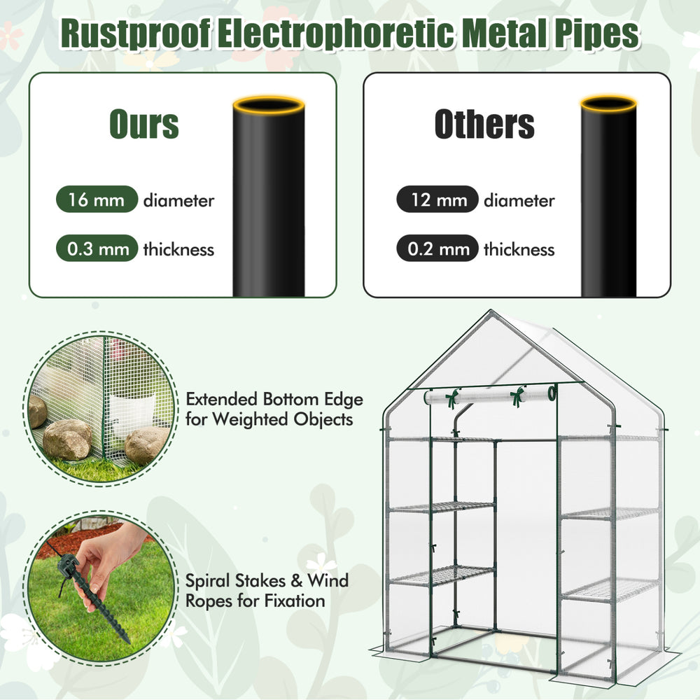 Portable walk-in greenhouse featuring 3 tiers, 6 shelves, and rustproof electrophoretic metal pipes for durability.