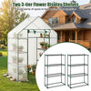 Portable walk-in greenhouse featuring two 3-tier flower display shelves for organized gardening and plant care.