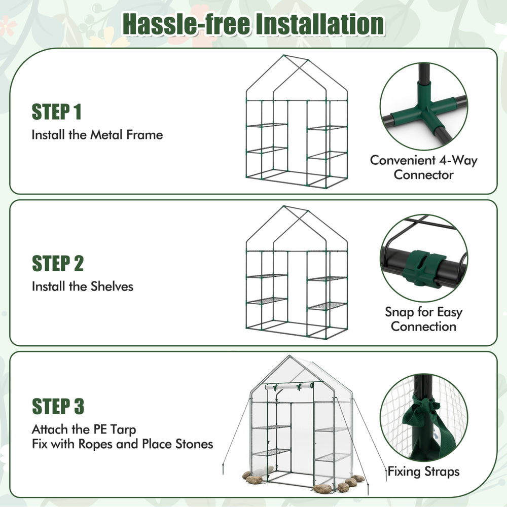 Portable walk-in greenhouse installation steps showing metal frame, shelves, and PE tarp attachment for easy setup.