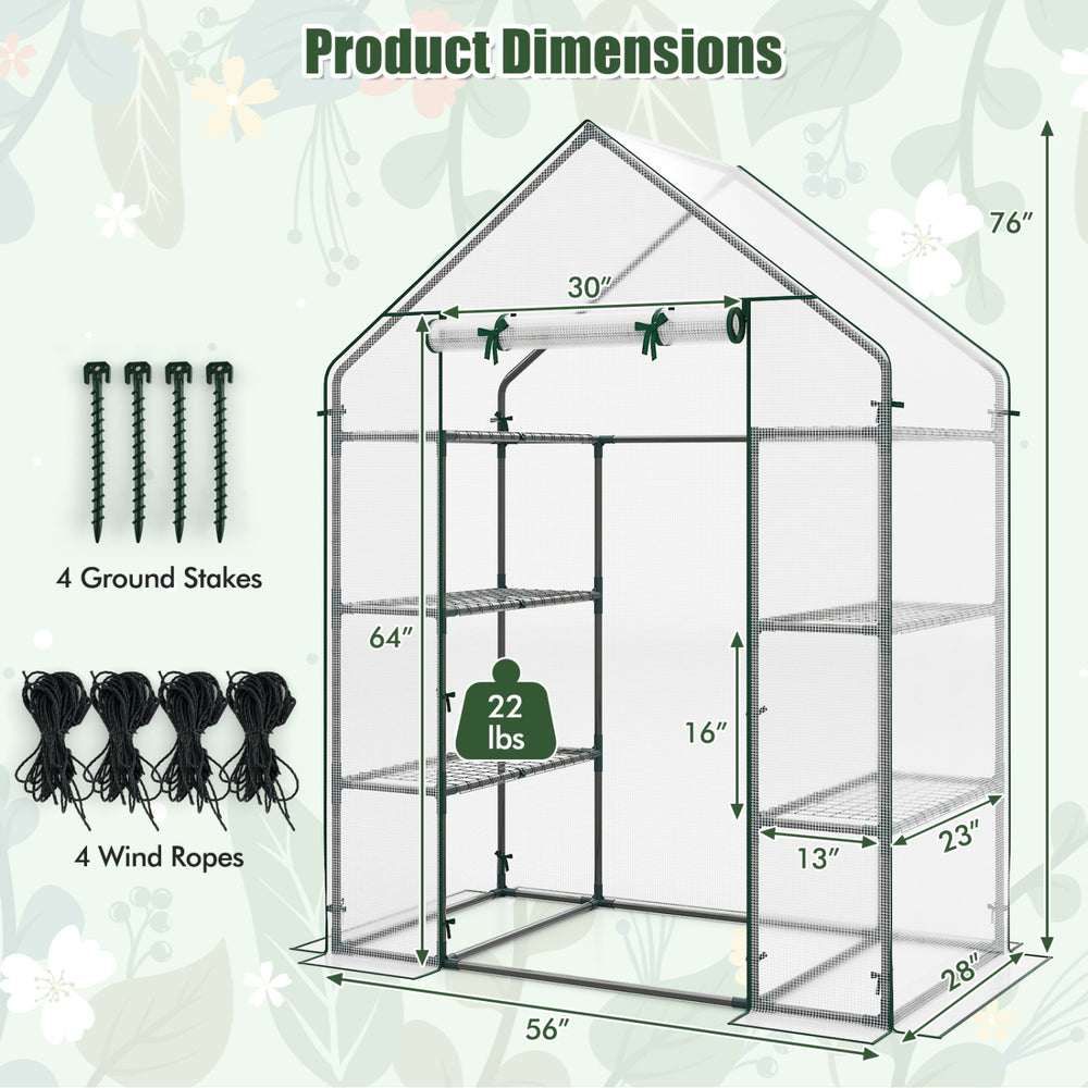 Portable walk-in greenhouse with 3 tiers, 6 shelves, dimensions 56" x 30" x 76", ideal for gardening and plant care.