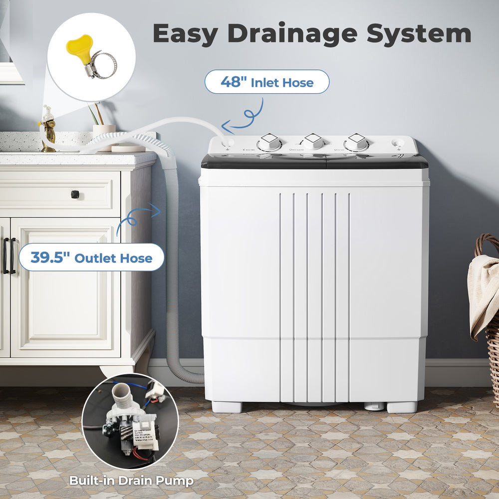 Portable washing machine with built-in drain pump, 12 lbs capacity, and easy drainage system for home and RV use.