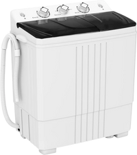Portable washing machine with built-in drain pump, 12 lbs capacity, and dual motors for efficient cleaning in white.