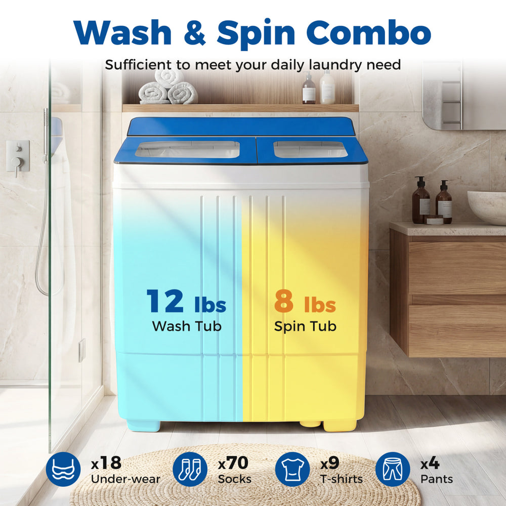 Portable washing machine with 12 lbs washer and 8 lbs spinner combo, ideal for apartments and daily laundry needs.