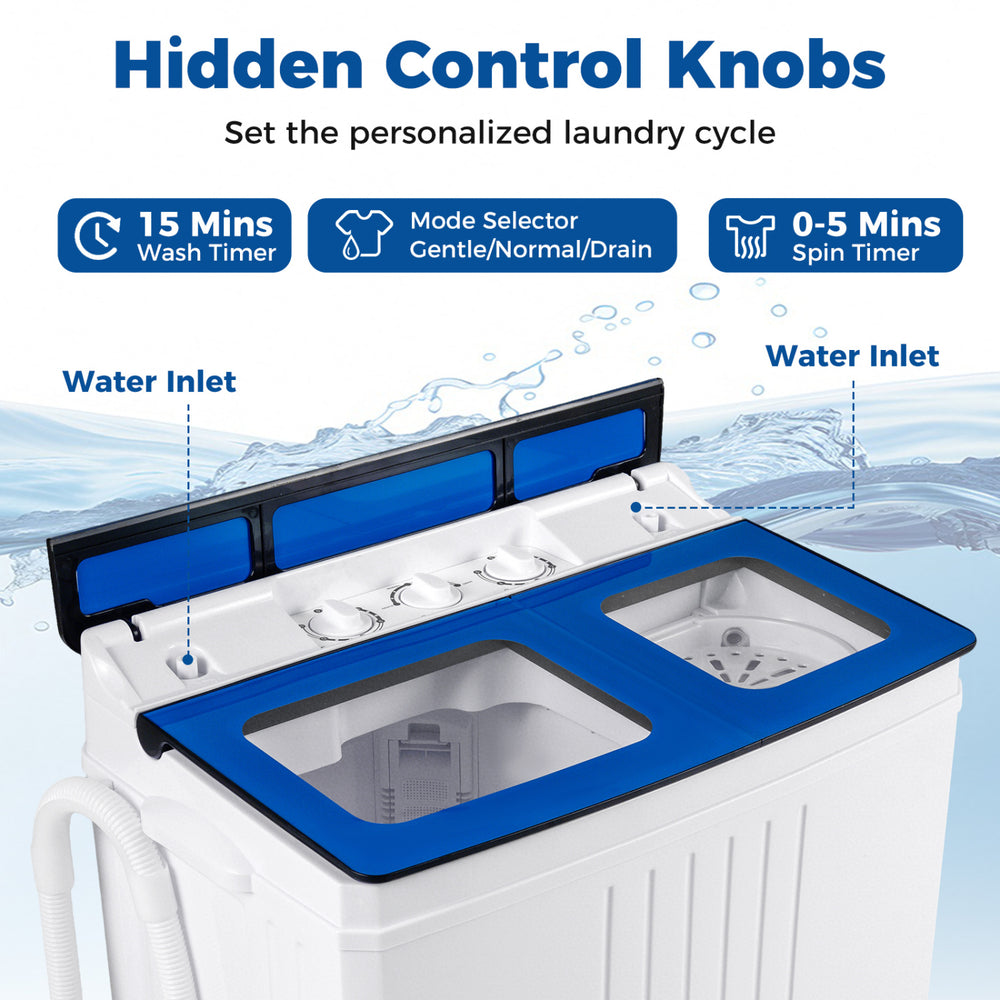 Portable washing machine with hidden control knobs, blue color, featuring adjustable wash and spin timers for.
