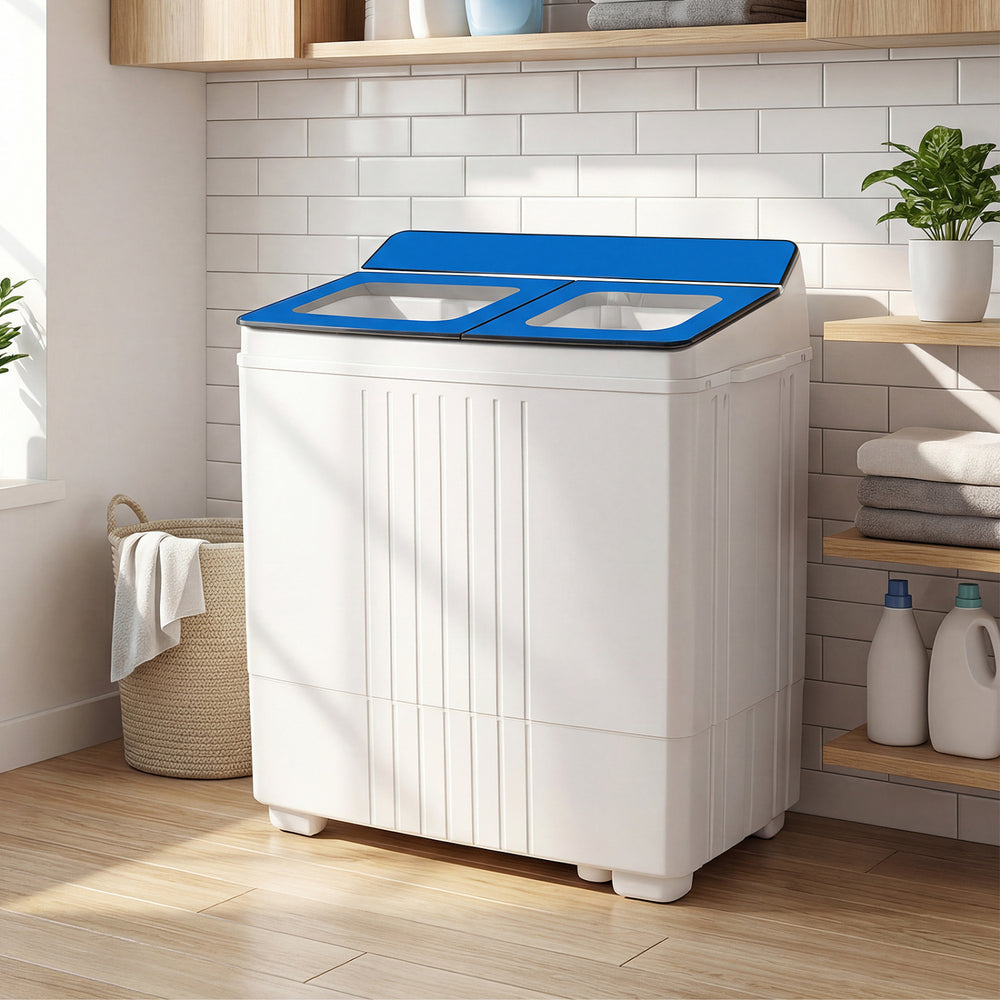 Portable washing machine with blue lid, 12 lbs washer and 8 lbs spinner, ideal for apartments and easy mobility.