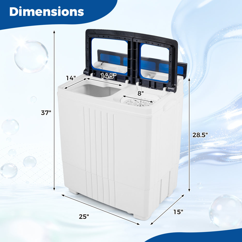 Portable washing machine with dimensions 25" x 14" x 37", featuring twin tub design for efficient laundry in apartments.
