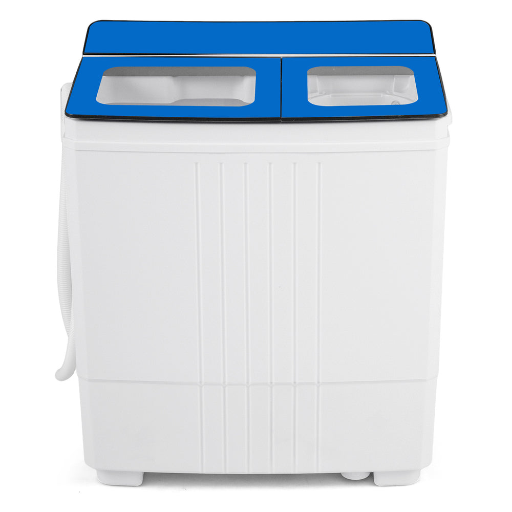 Portable washing machine with blue top, twin tub design, and see-through lid for easy laundry at home or on-the-go.